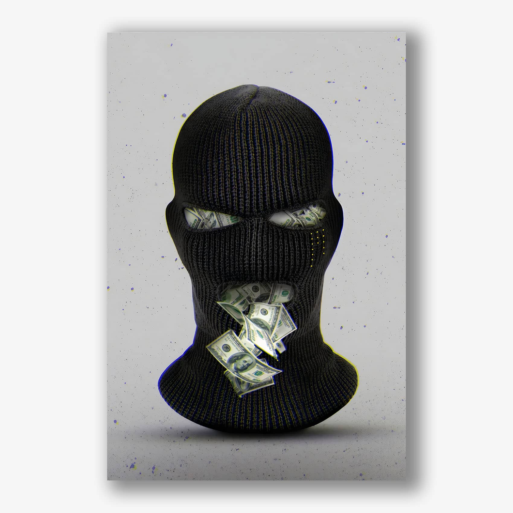 Schilderij met zwart bivakmasker waar dollars uit de mond komen.