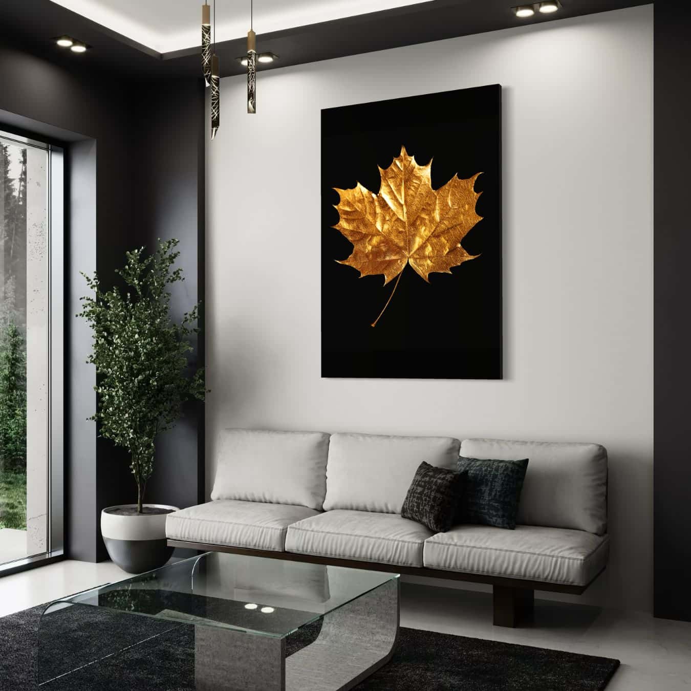 Gouden blad schilderij als kunst aan een zwarte muur