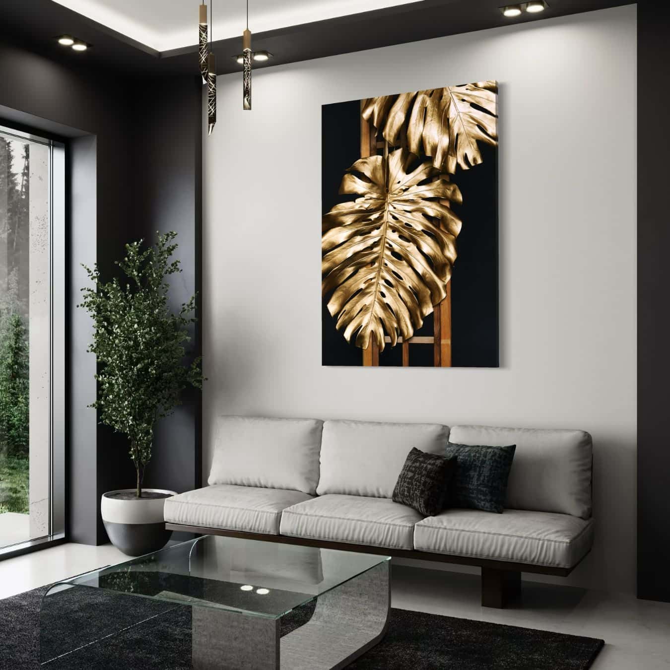 Moderne wanddecoratie van gouden blad op canvas boven witte bank