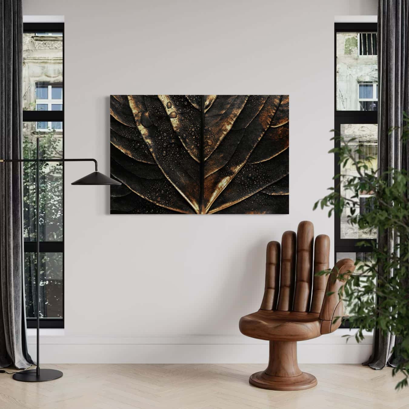 Bladkunst op dibond als stijlvolle wanddecoratie in stadsappartement.