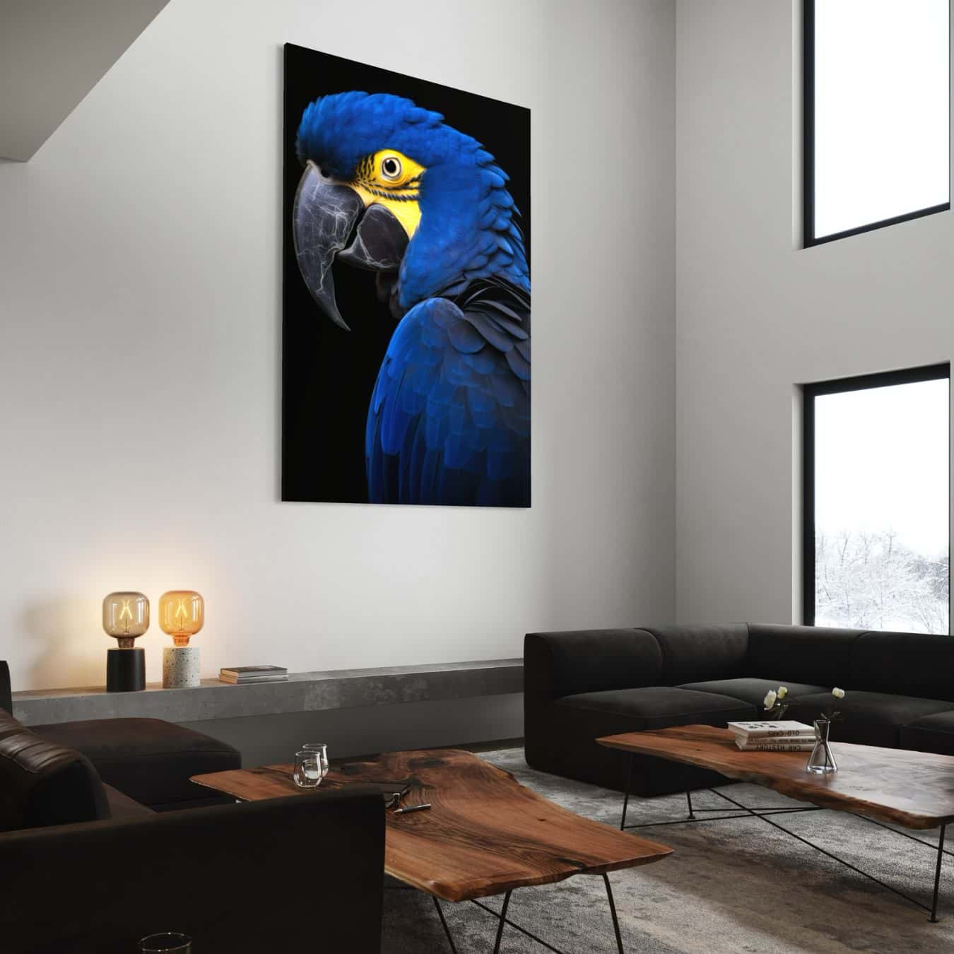 Moderne wanddecoratie van blauwe papegaai in woonkamer