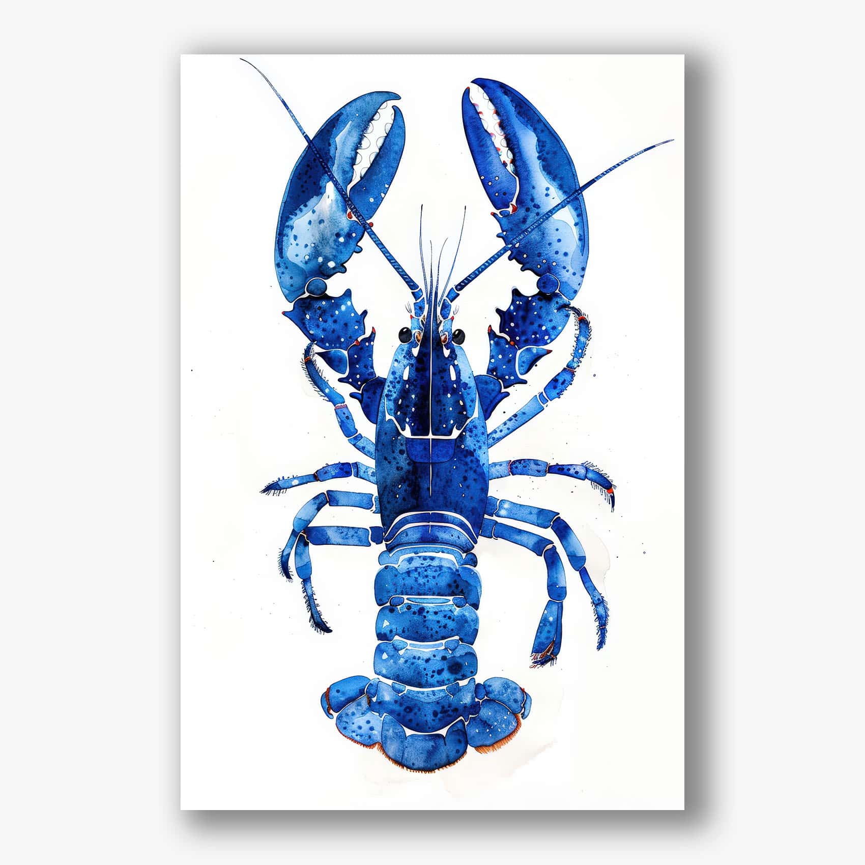Gedetailleerd schilderij van een felblauwe kreeft op witte achtergrond