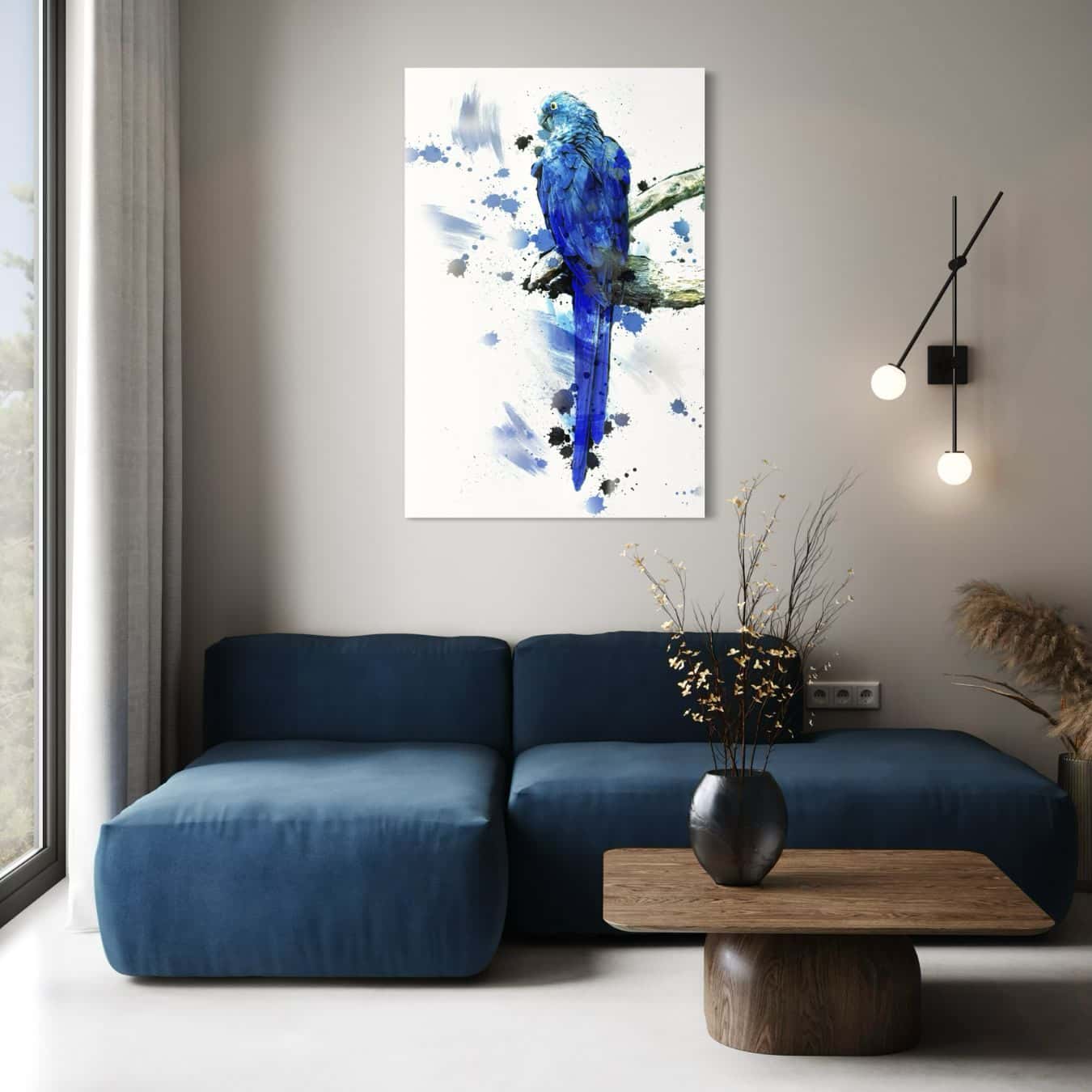 Papegaai kunstwerk met blauwe spetters en wit