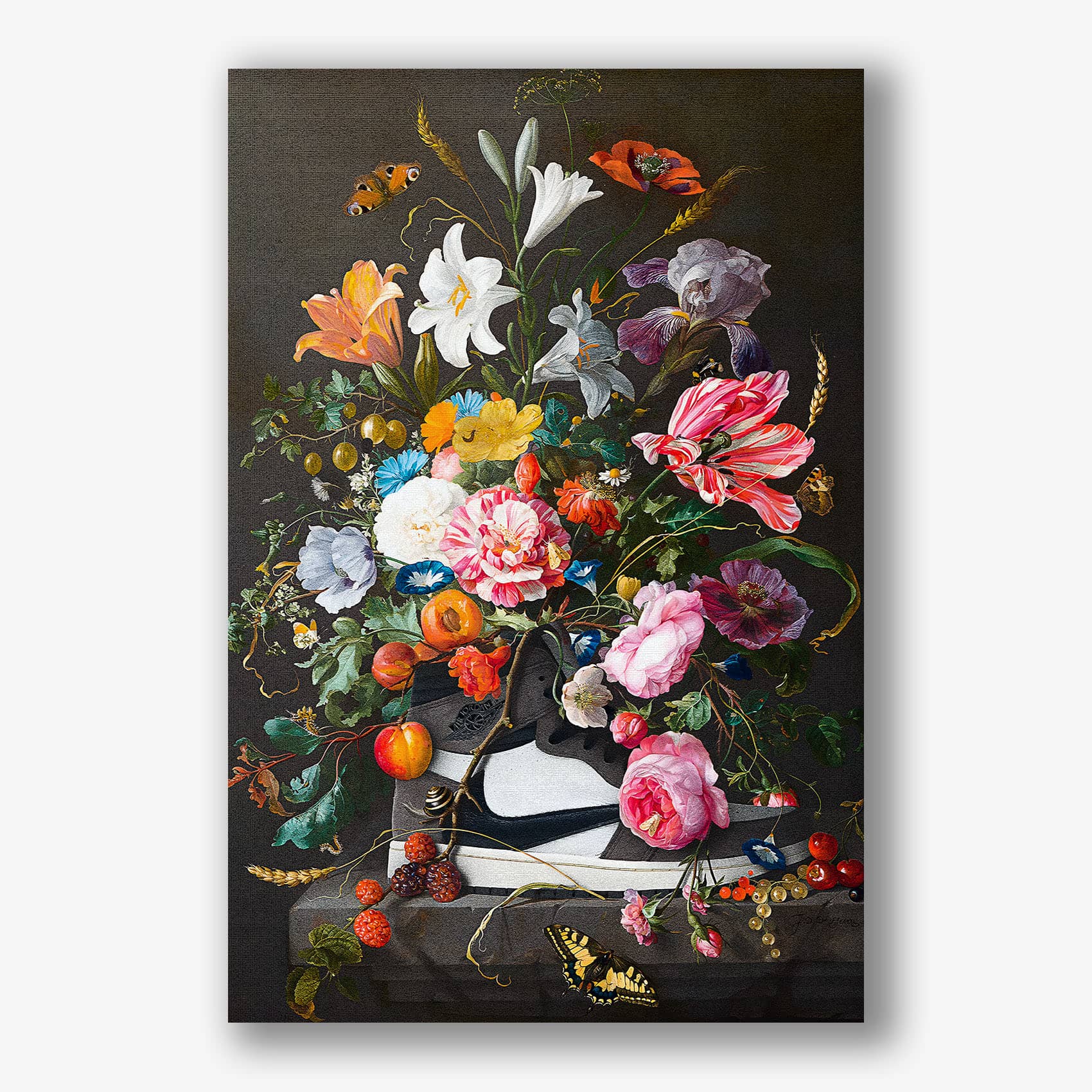 Schilderij met kleurrijke bloemen en sneaker op zwart canvas doek