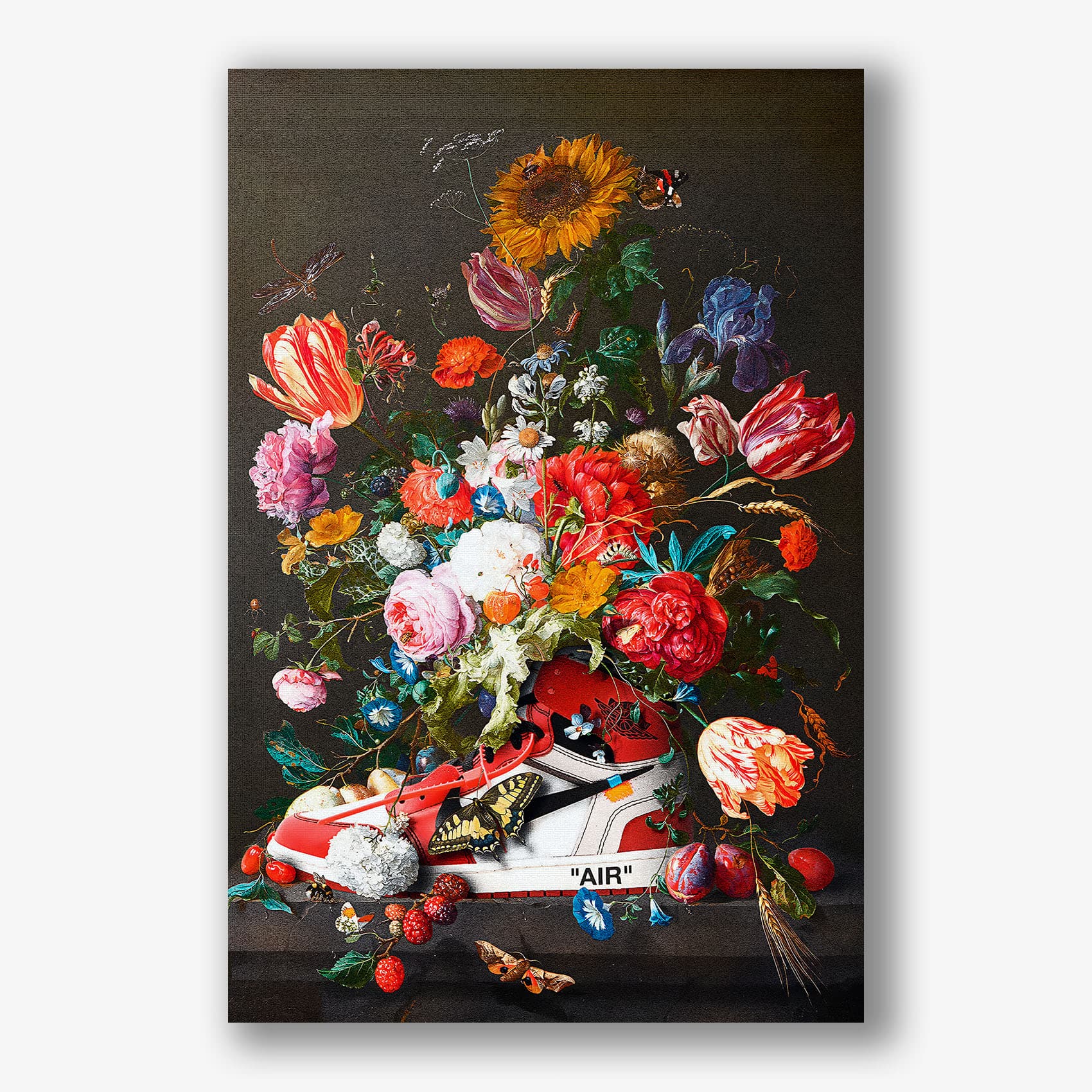 Kleurrijk bloemen schilderij met sneaker op zwart canvas achtergrond