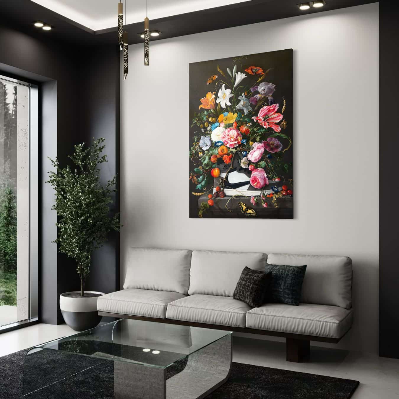 Bloemen wanddecoratie met sneaker op plexiglas in strak interieur