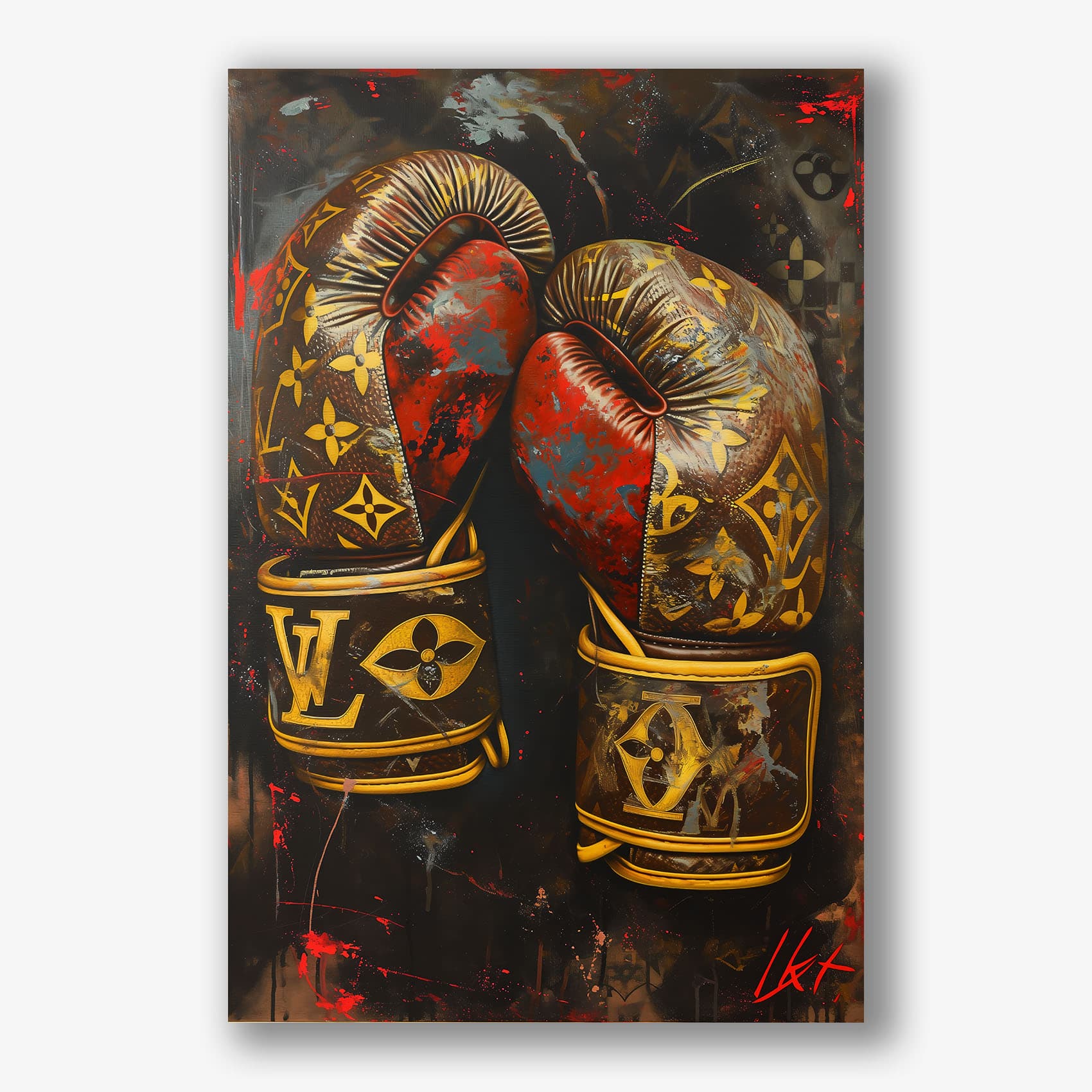 Popart schilderij met luxe bokshandschoenen in Louis Vuitton stijl.