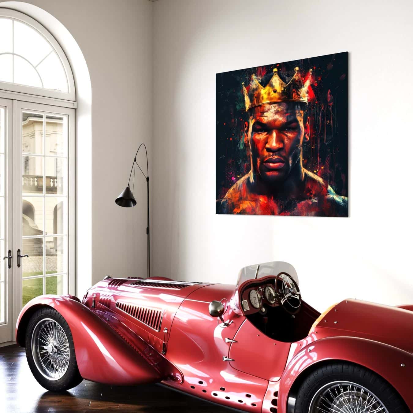 Stoer portret van bokser boven klassieke rode sportauto als unieke muurdecoratie in stijlvolle ruimte.