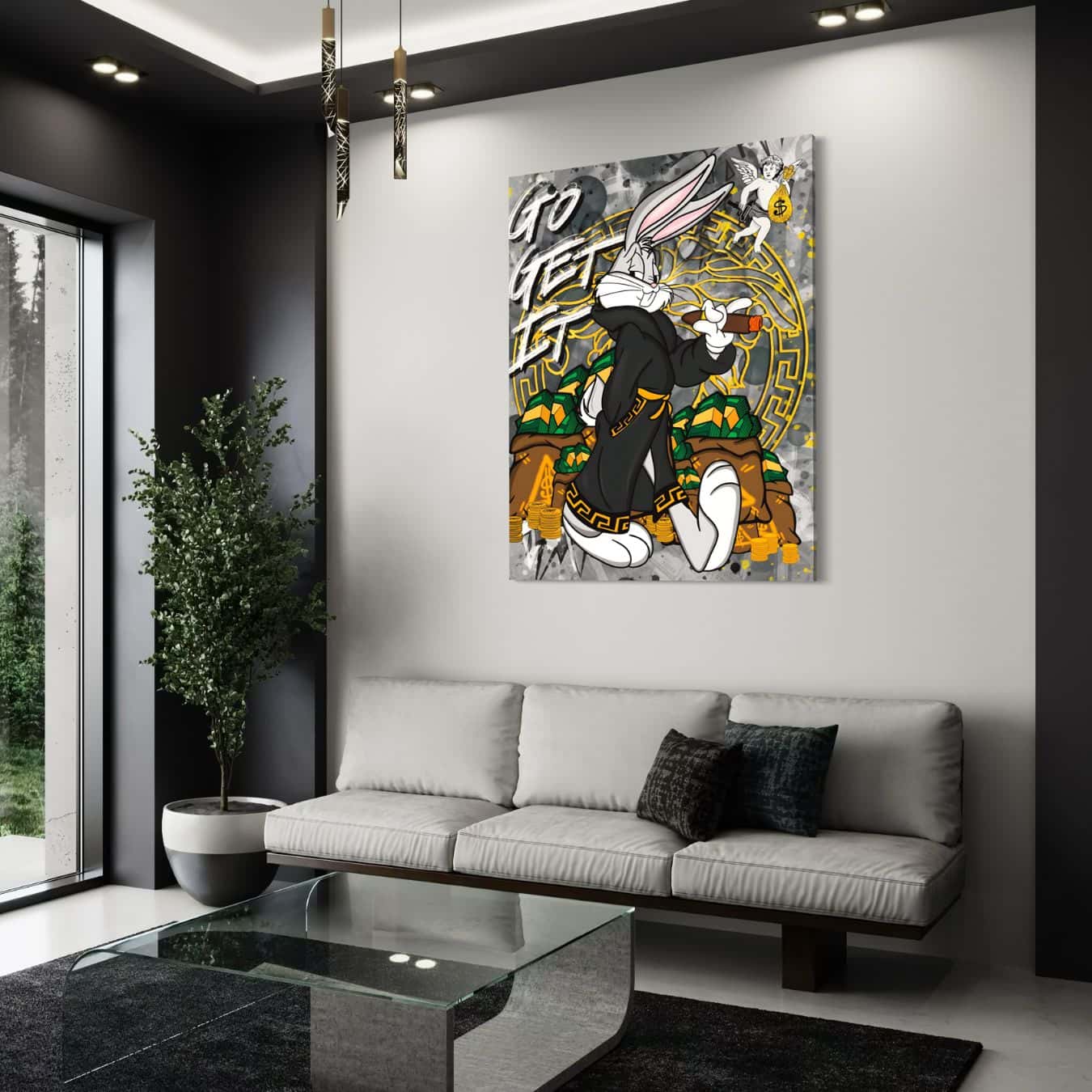 Canvas wanddecoratie met rijke Bugs Bunny en gouden details