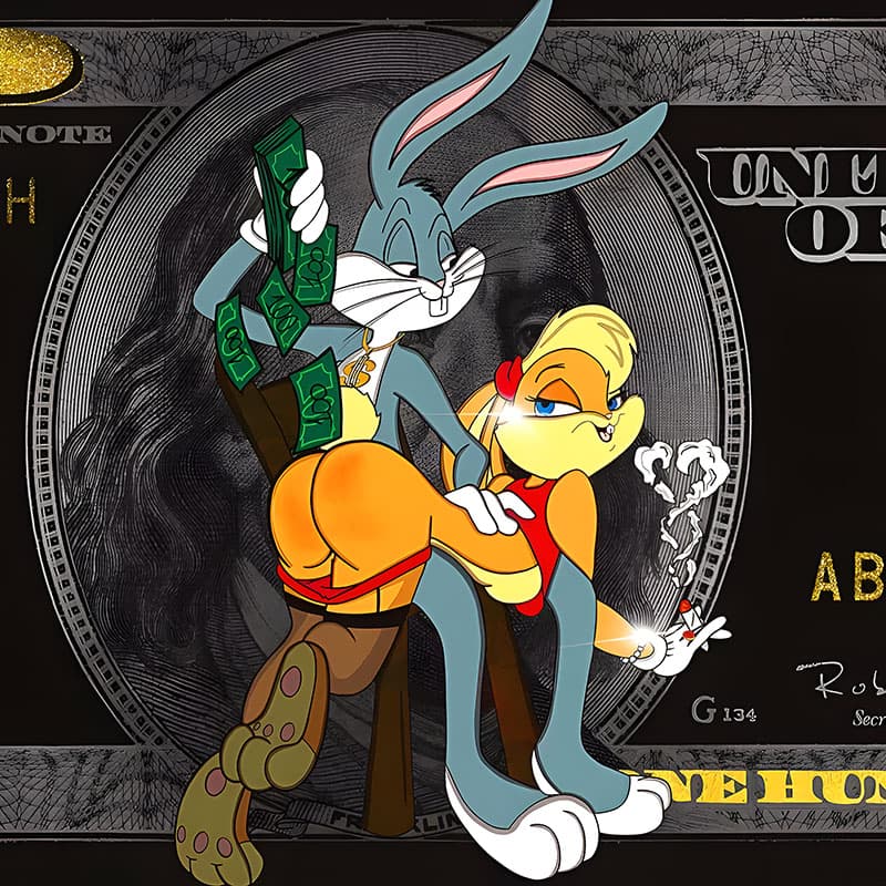 Cartoon schilderij met Bugs en Lola op luxe zwart dollarbiljet kunstwerk