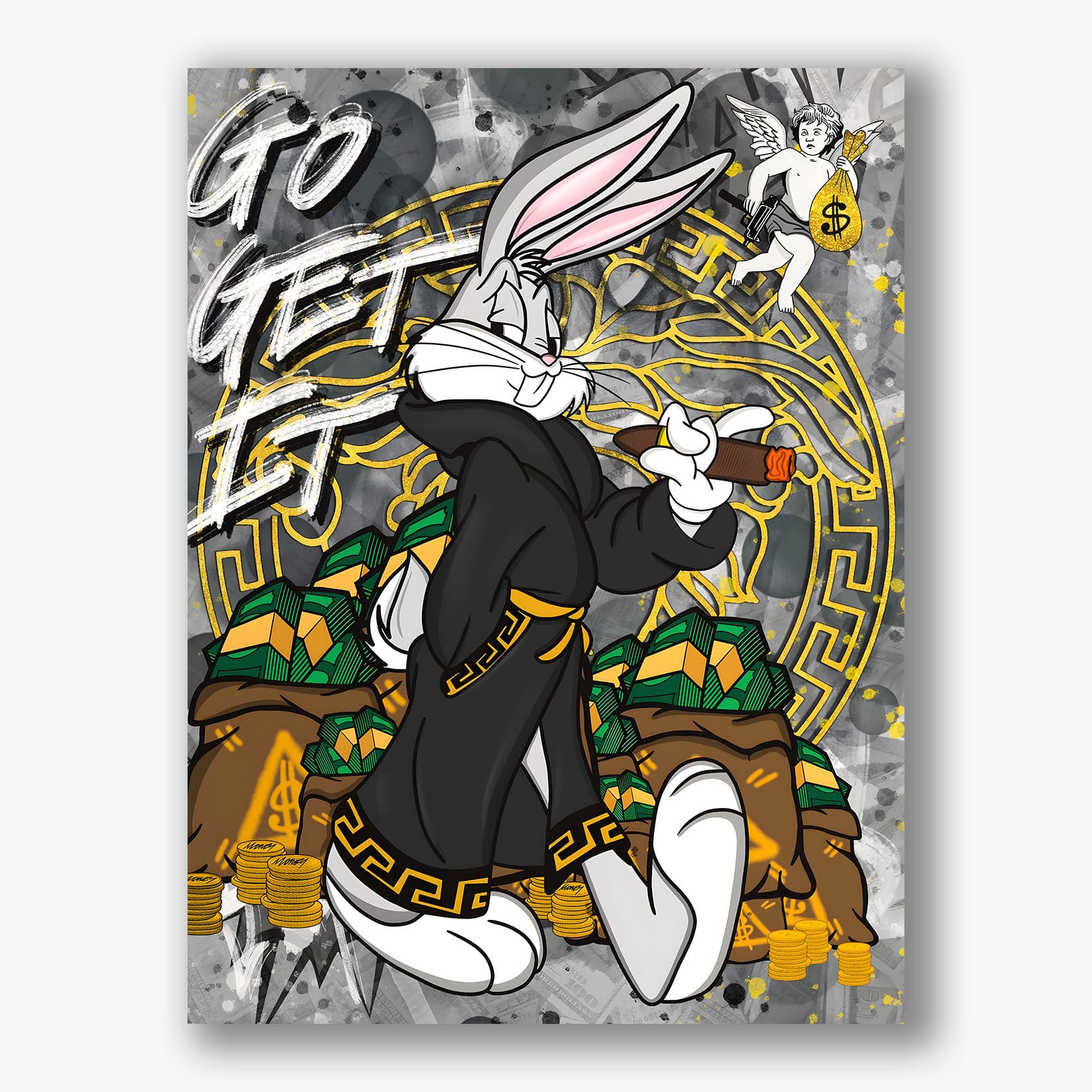 Popart schilderij met Bugs Bunny en geld op canvas materiaal