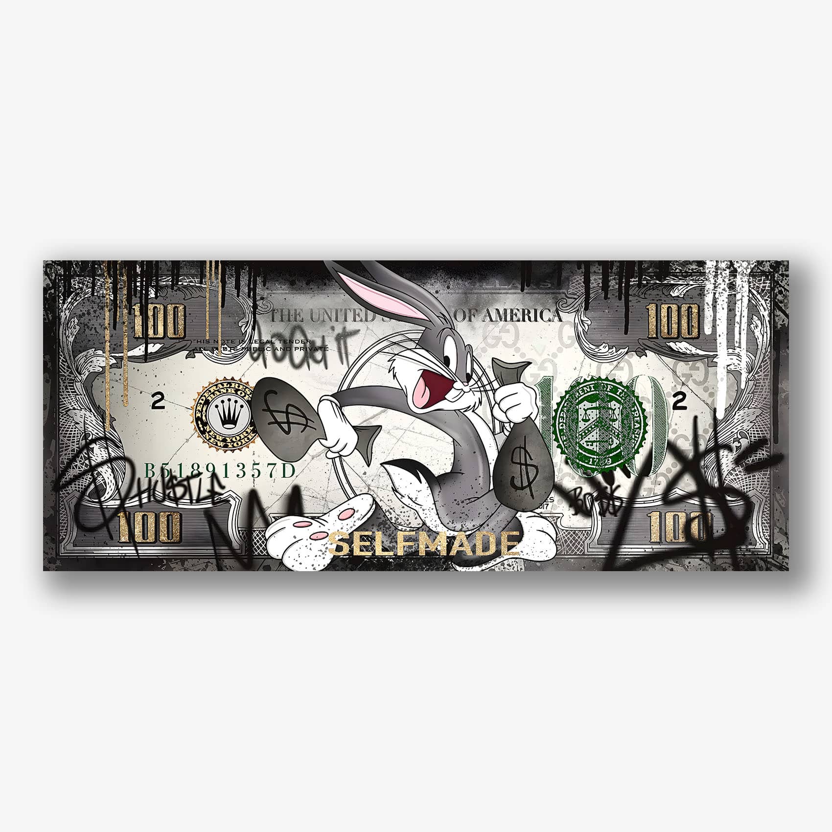 Graffiti kunst schilderij op plexiglas met Bugs Bunny dollars.