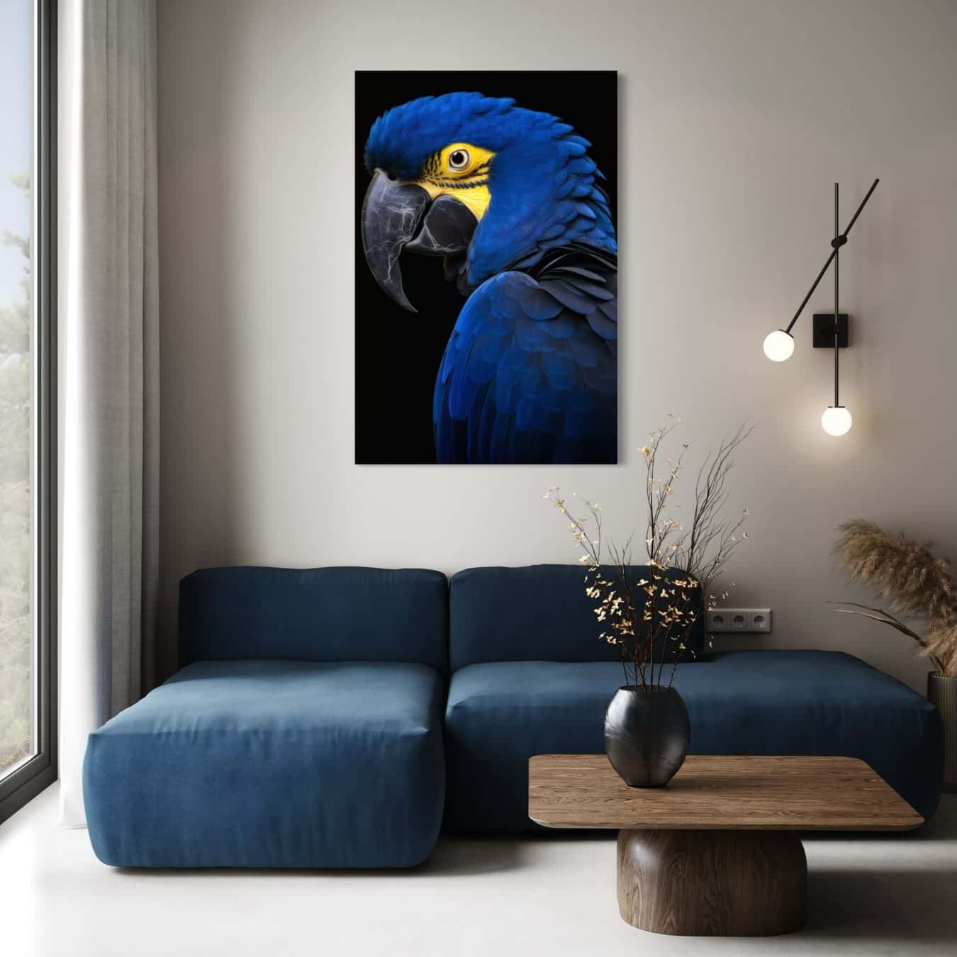 Canvas kunstwerk blauwe papegaai in lichte zithoek