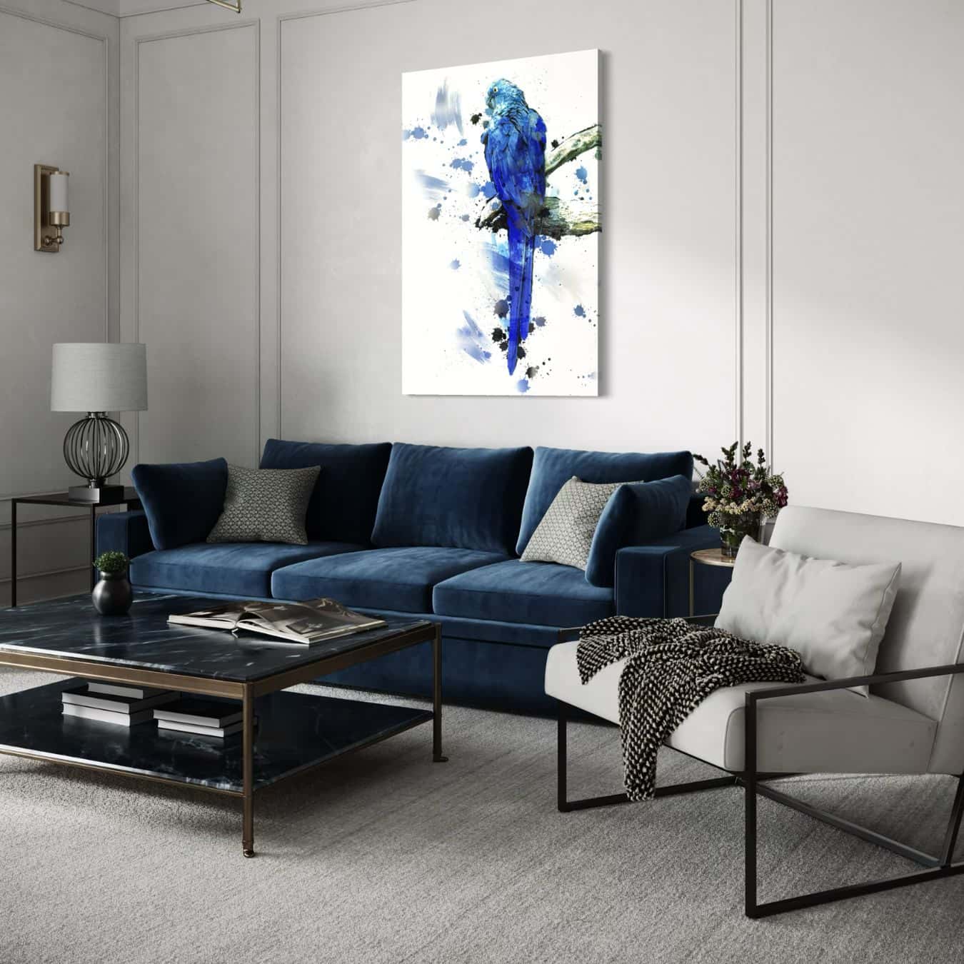 Blauwe papegaai op canvas als muurdecoratie