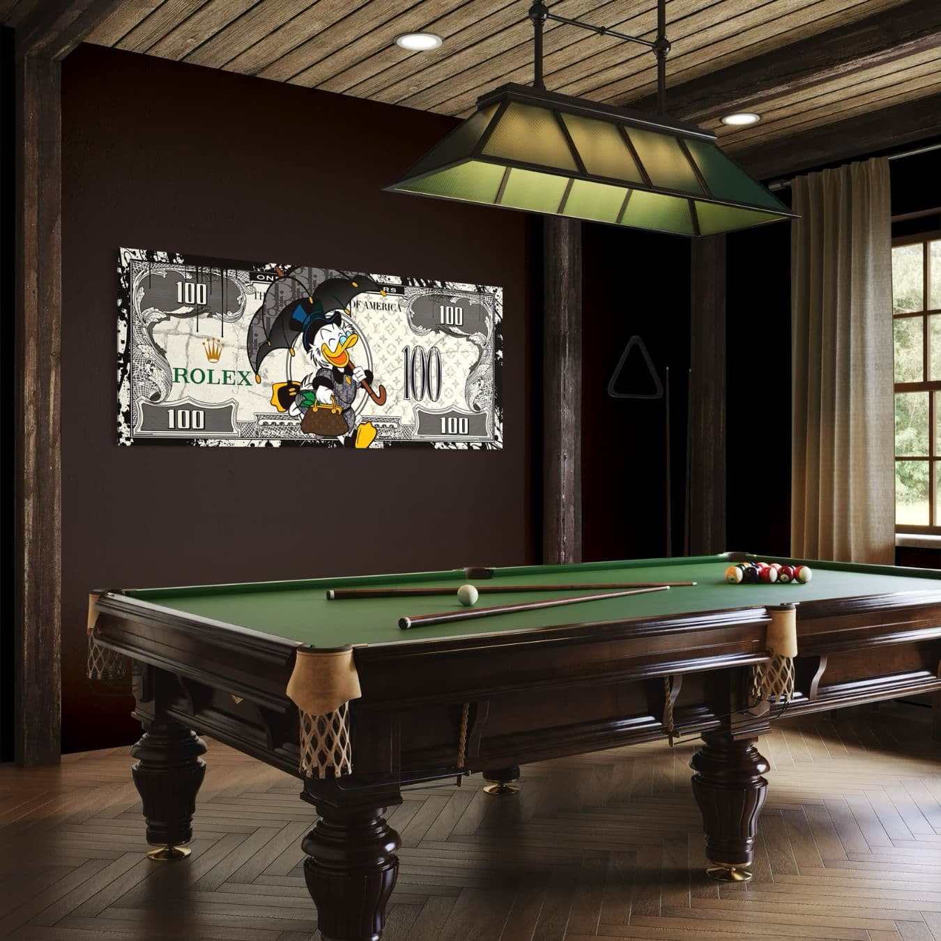 canvas schilderij met cartoonstijl, Rolex en geld in donkere billiardkamer