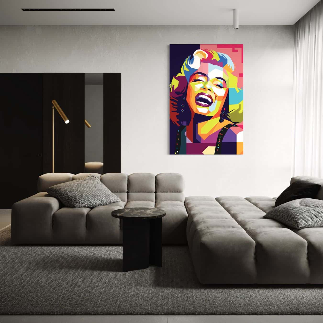 Canvas kunstwerk Marilyn Monroe in stijlvol luxe interieur geplaatst.