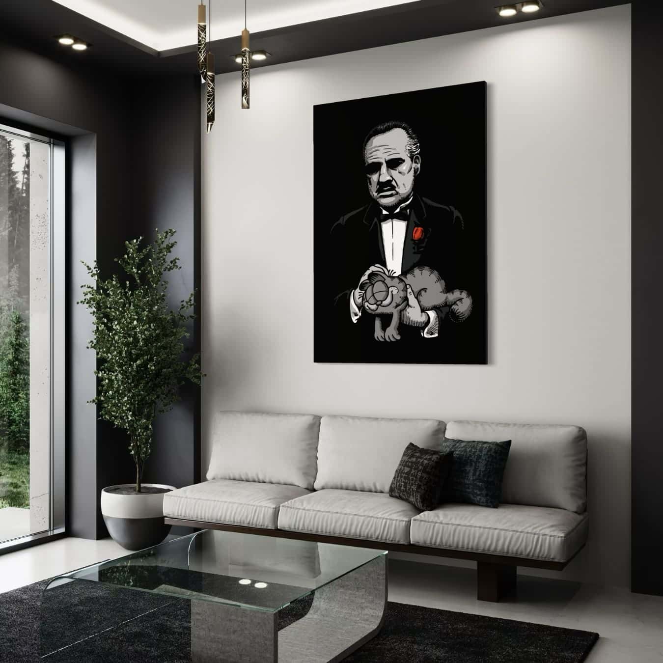 Canvas schilderij met maffiastijl Garfield in zwart-wit woonkamer.