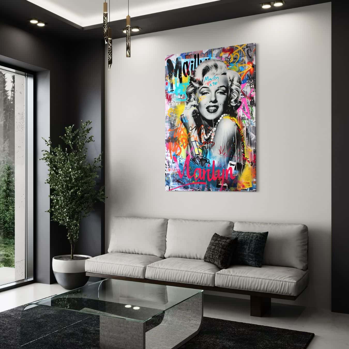 Canvas wanddecoratie Marilyn Monroe in kleurrijke streetart stijl geplaatst.