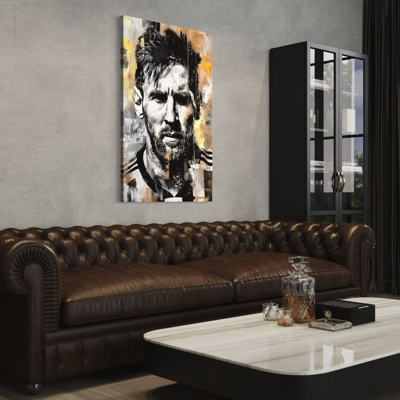 Canvas schilderij Messi als eyecatcher in industrieel interieur.