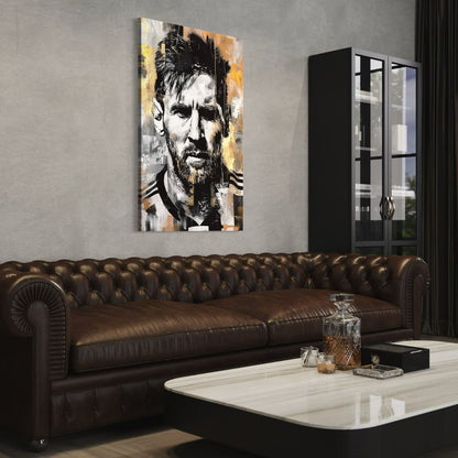 Canvas schilderij Messi als eyecatcher in industrieel interieur.