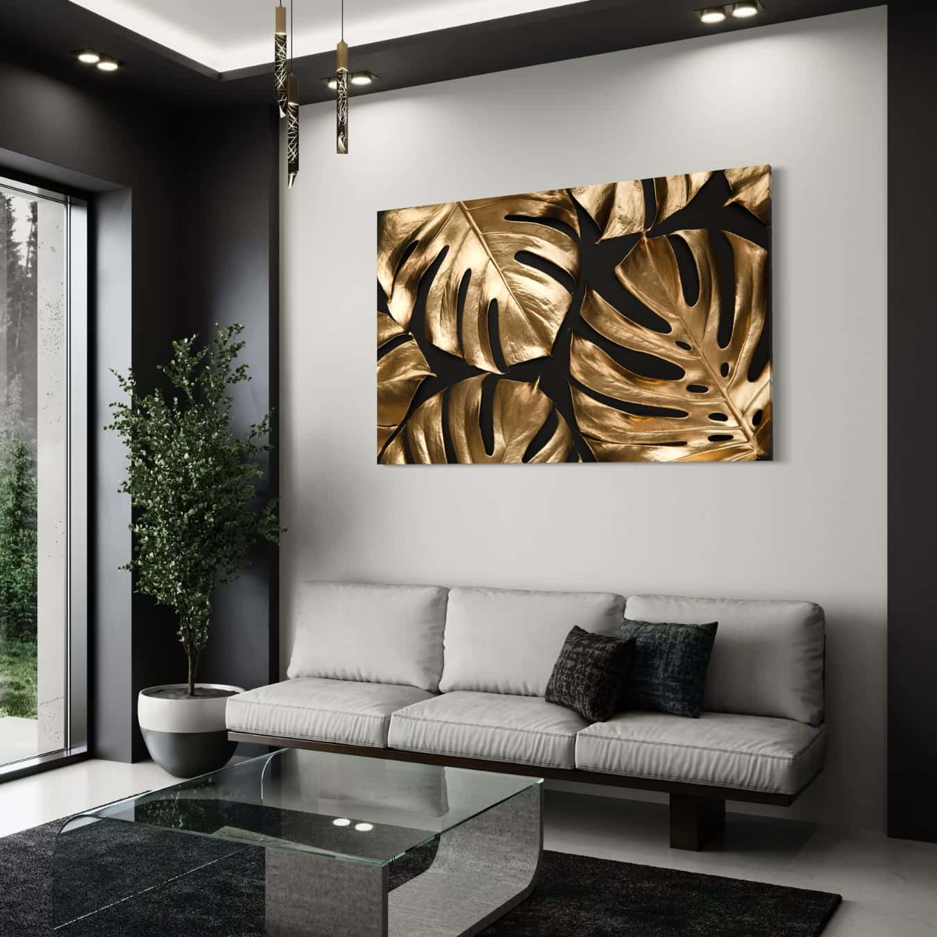Canvas schilderij met gouden bladeren als elegante wanddecoratie woonkamer.