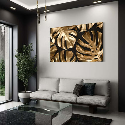 Canvas schilderij met gouden bladeren als elegante wanddecoratie woonkamer.