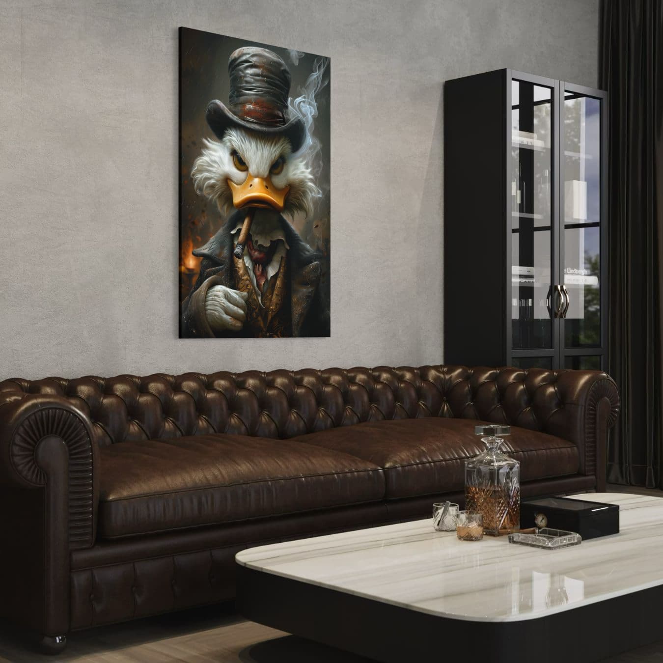 Donkere canvas wanddecoratie boze eend in industrieel interieur stijl.