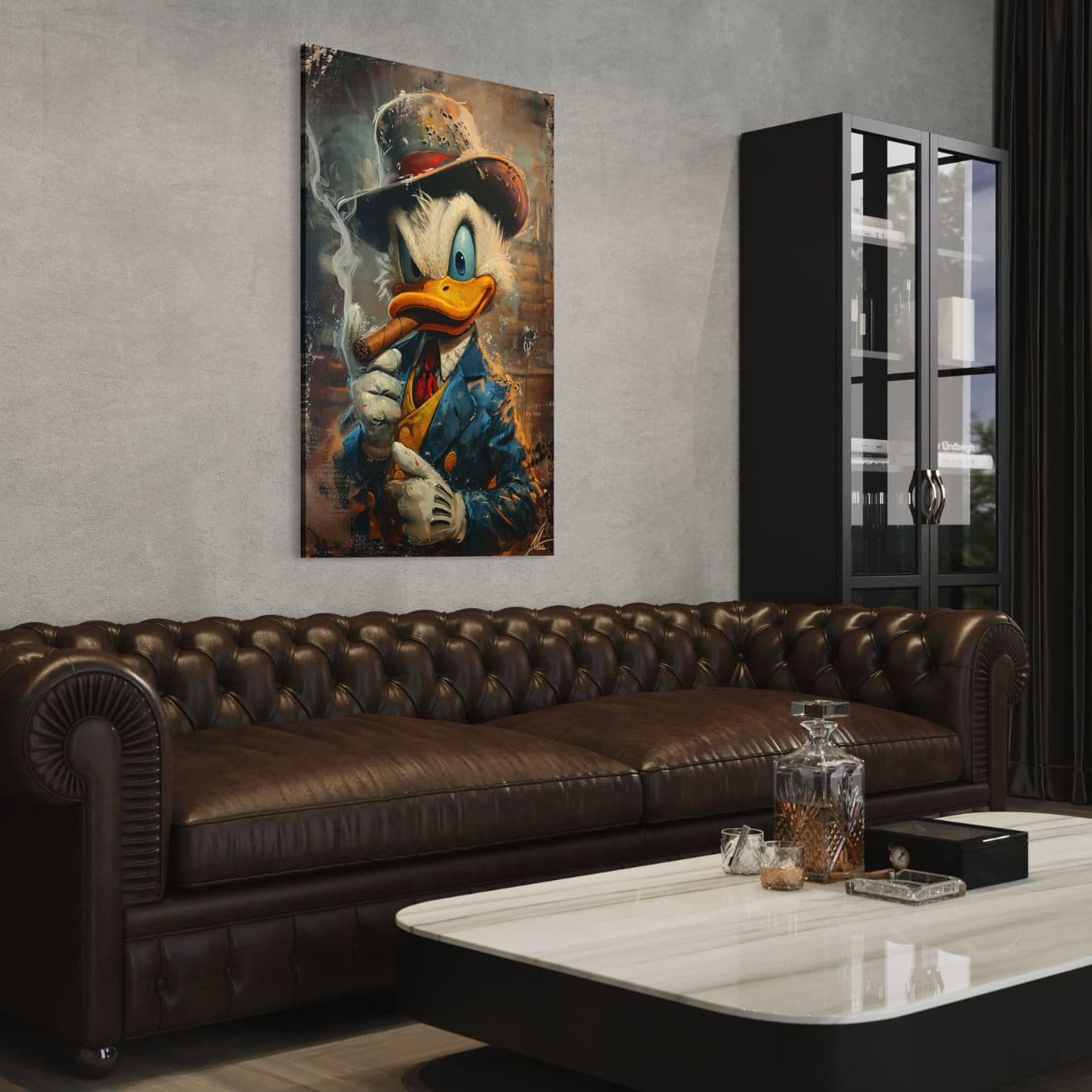 Canvas wanddecoratie gangster eend boven bruine leren bank.