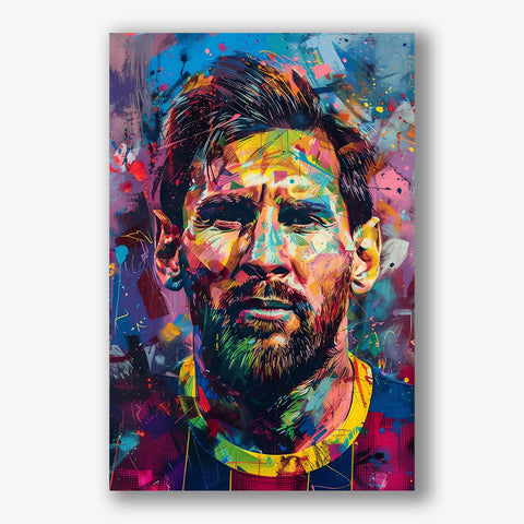 Kleurrijk portret van Lionel Messi in moderne kunststijl met expressieve penseelstreken.
