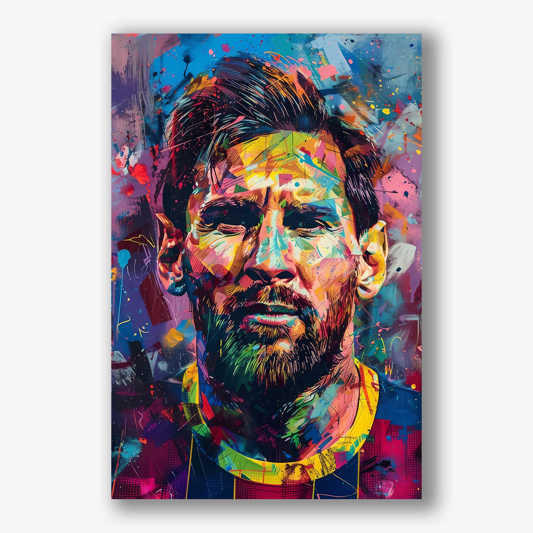 Kleurrijk portret van Lionel Messi in moderne kunststijl met expressieve penseelstreken.