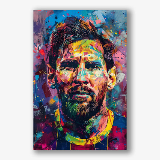 Kleurrijk portret van Lionel Messi in moderne kunststijl met expressieve penseelstreken.