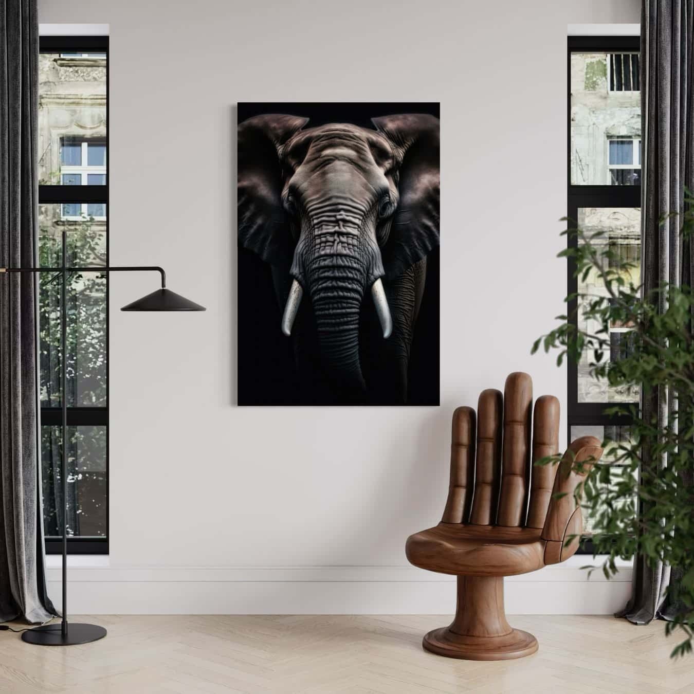 canvas muurdecoratie van een olifant opgehangen in modern interieur