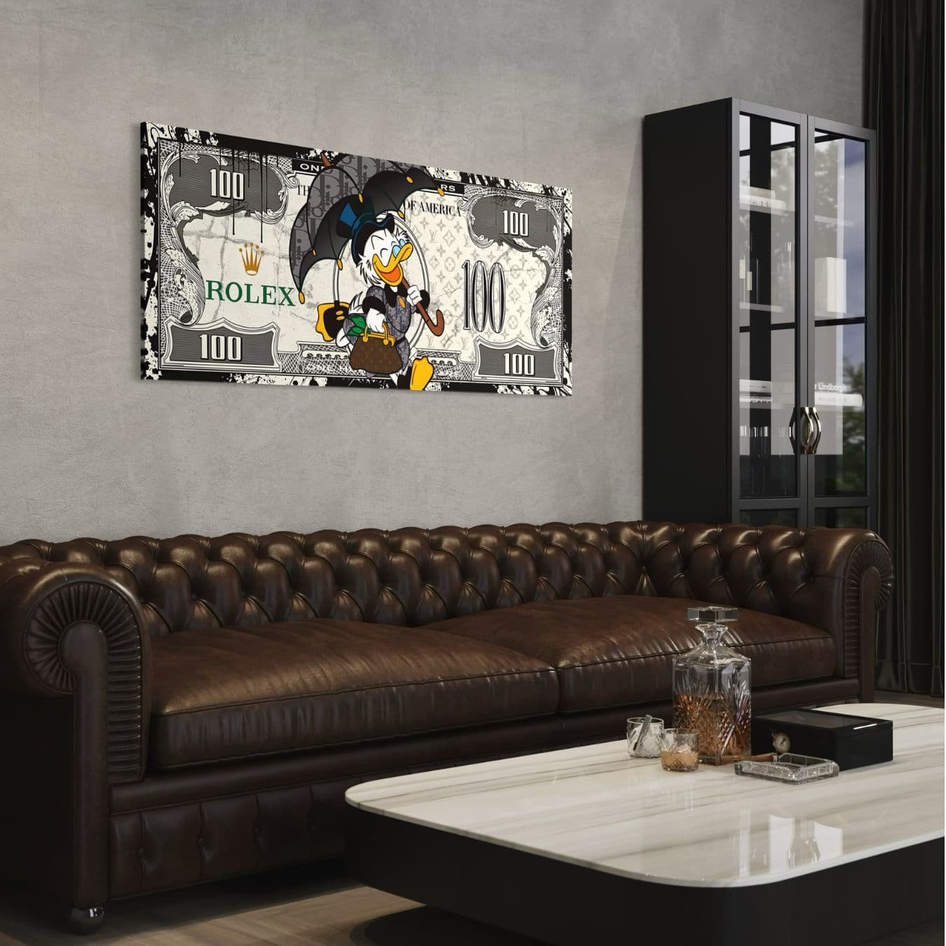 Canvas wanddecoratie met cartoon eend, paraplu en geldtas boven leren bank