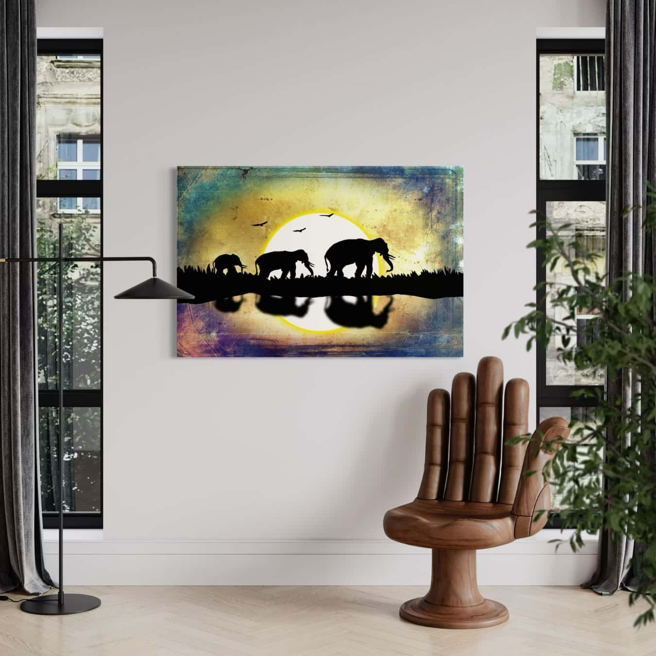 Wanddecoratie met een olifantenfamilie in silhouet in modern interieur