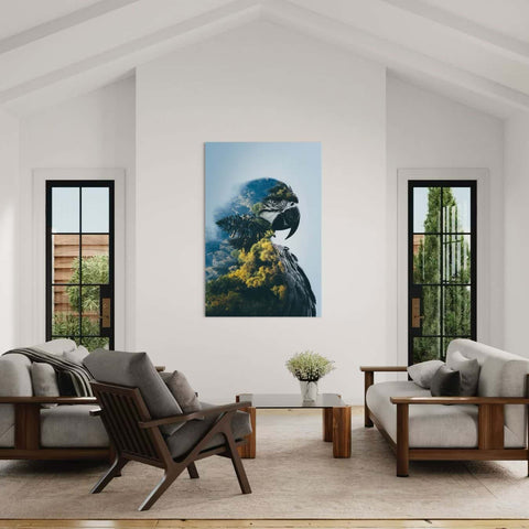 Canvas muurdecoratie van papegaai en natuur gecombineerd