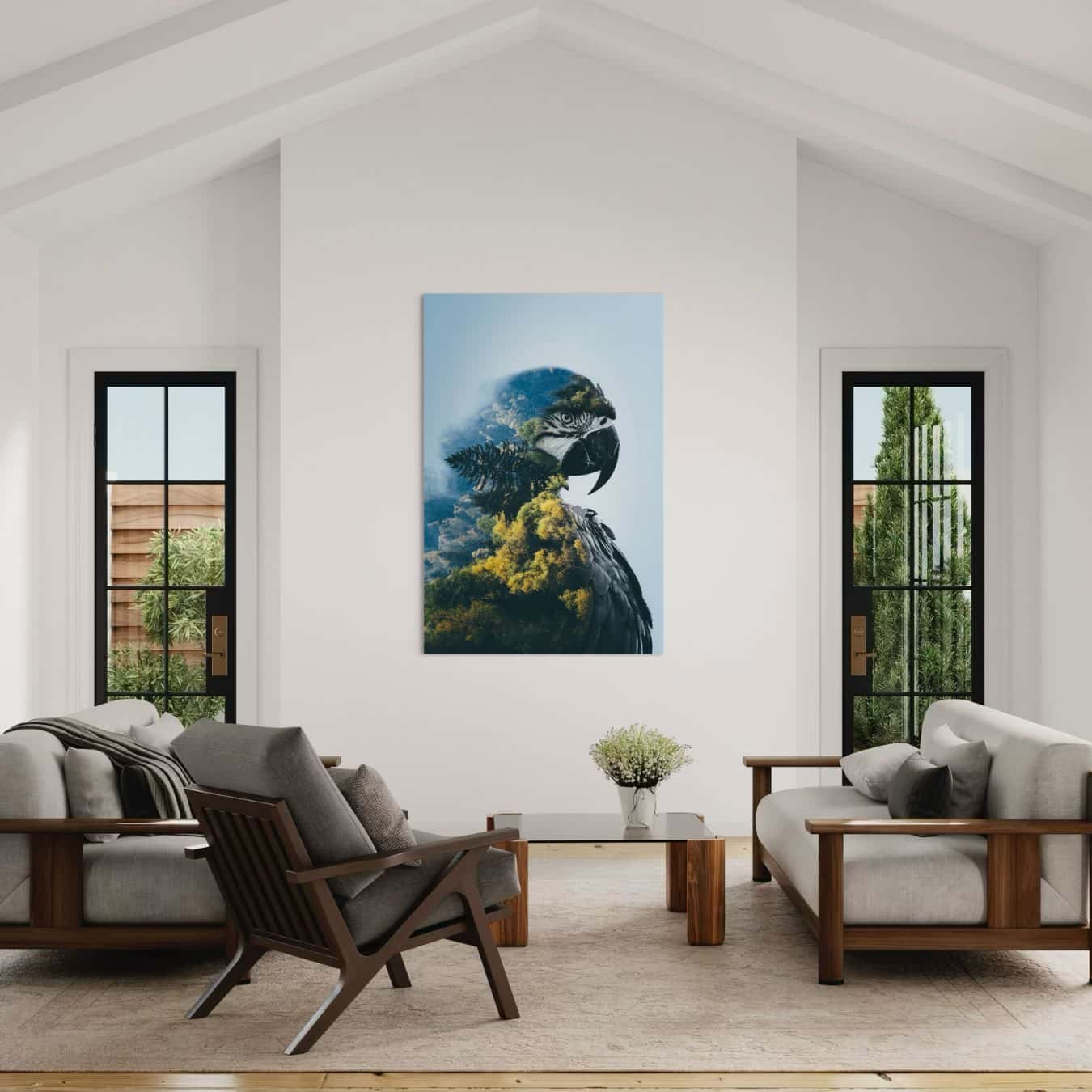 Canvas muurdecoratie van papegaai en natuur gecombineerd