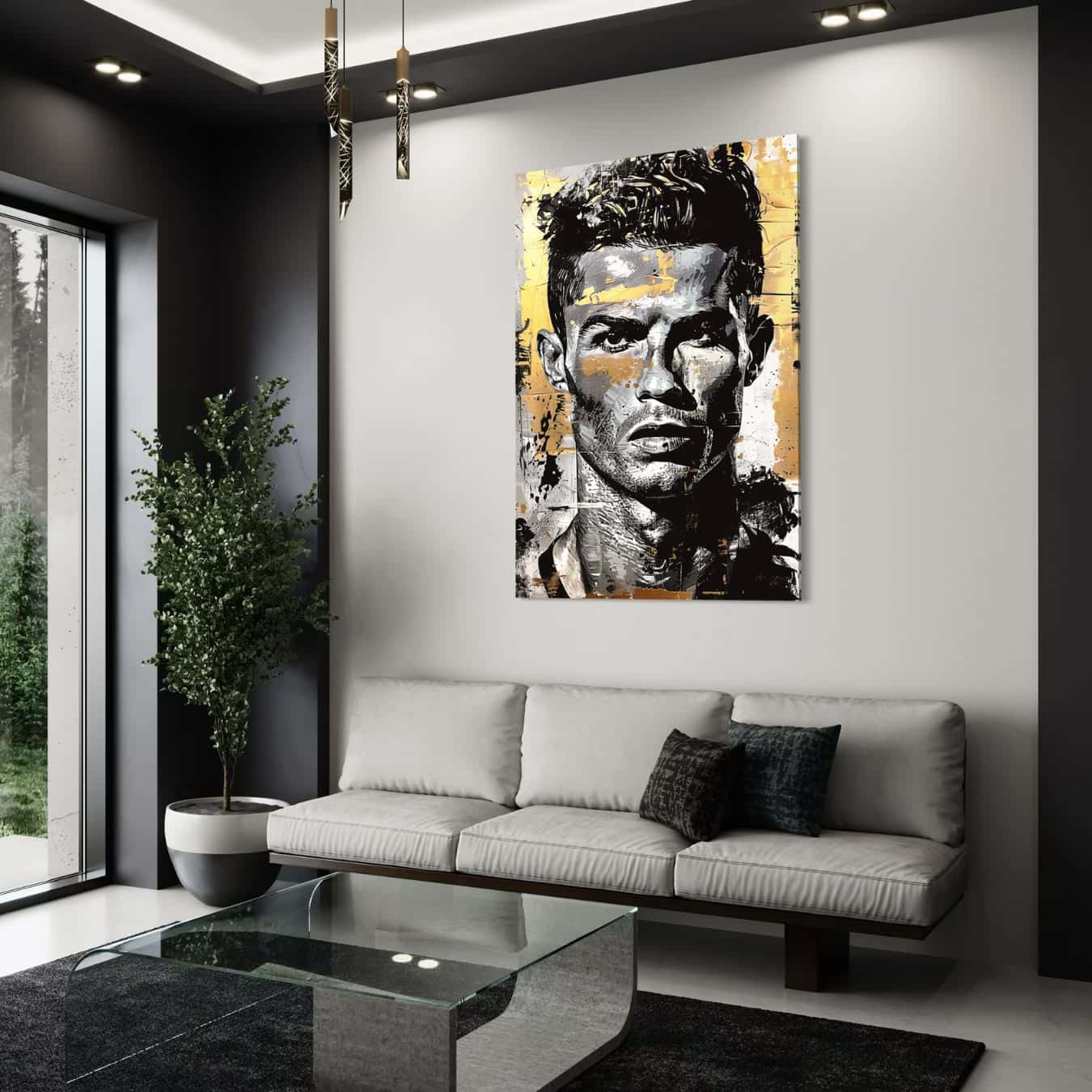 Modern interieur met canvas portret van Cristiano Ronaldo aan muur.