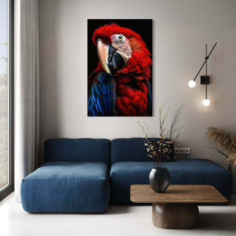 Canvas kunstwerk met een prachtige rode papegaai op zwarte 