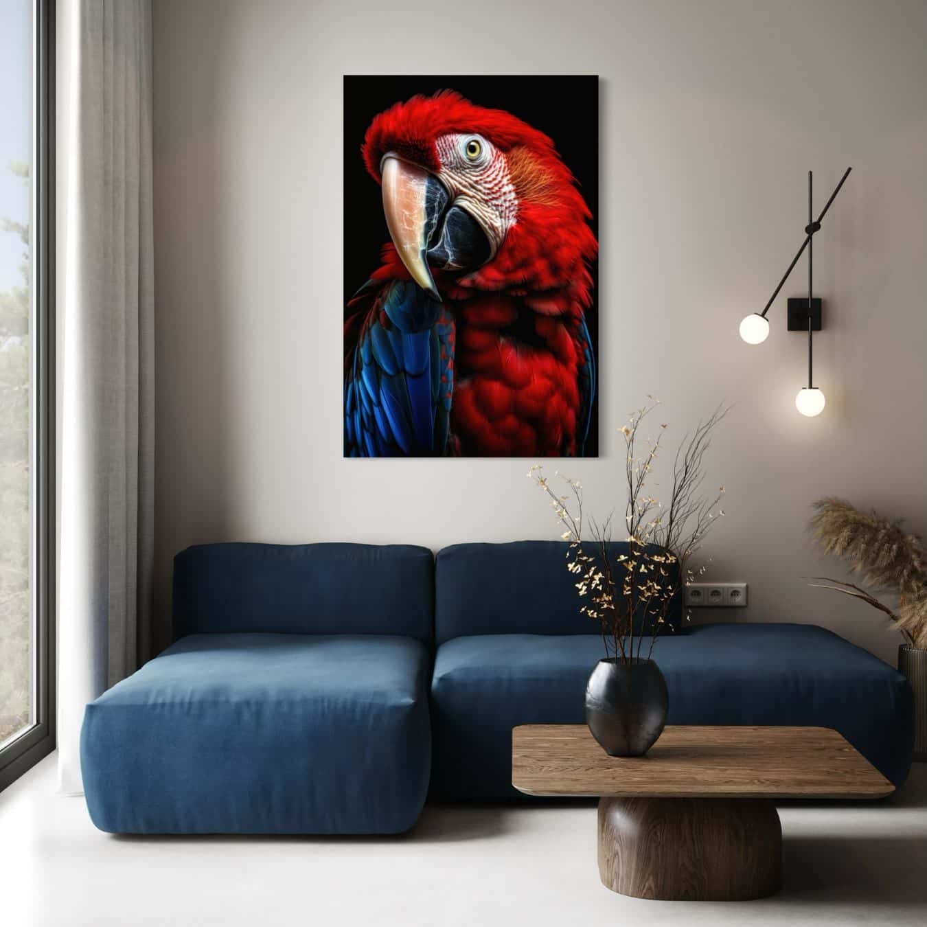 Canvas kunstwerk met een prachtige rode papegaai op zwarte 