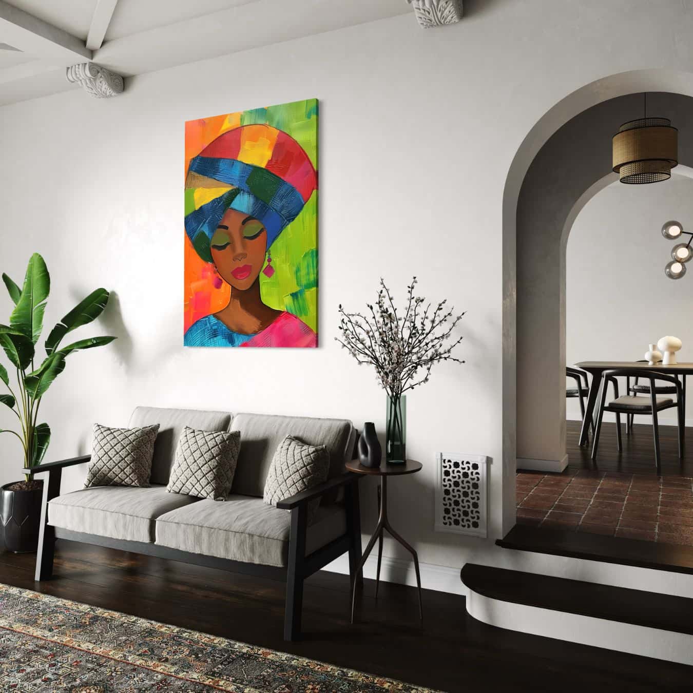 canvas schilderij van een afrikaanse vrouw opgehangen in moderne woonkamer