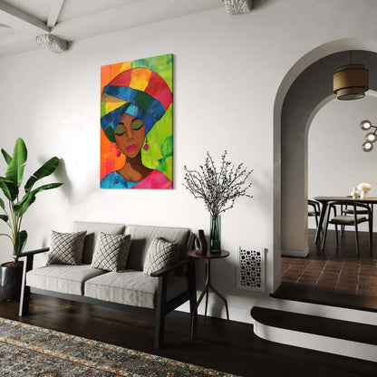 canvas schilderij van een afrikaanse vrouw opgehangen in moderne woonkamer