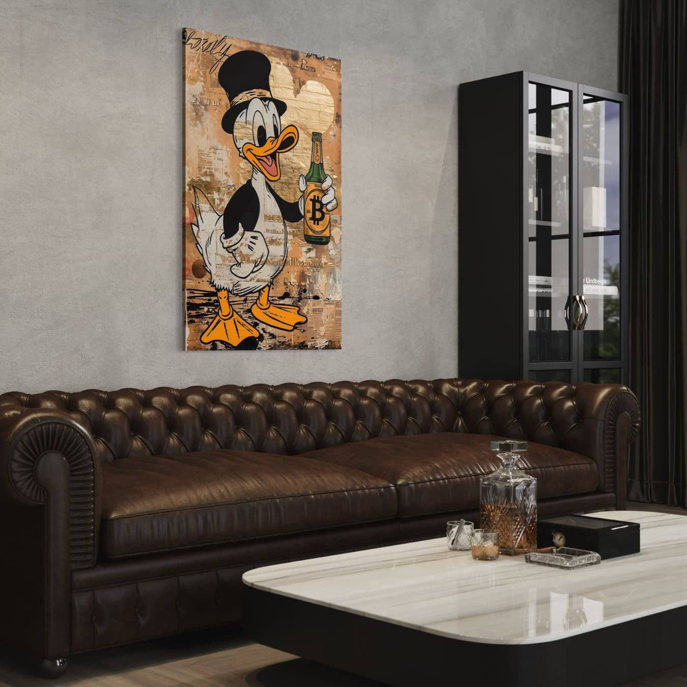 Canvas schilderij bitcoin eend boven leren chesterfield bank geplaatst.