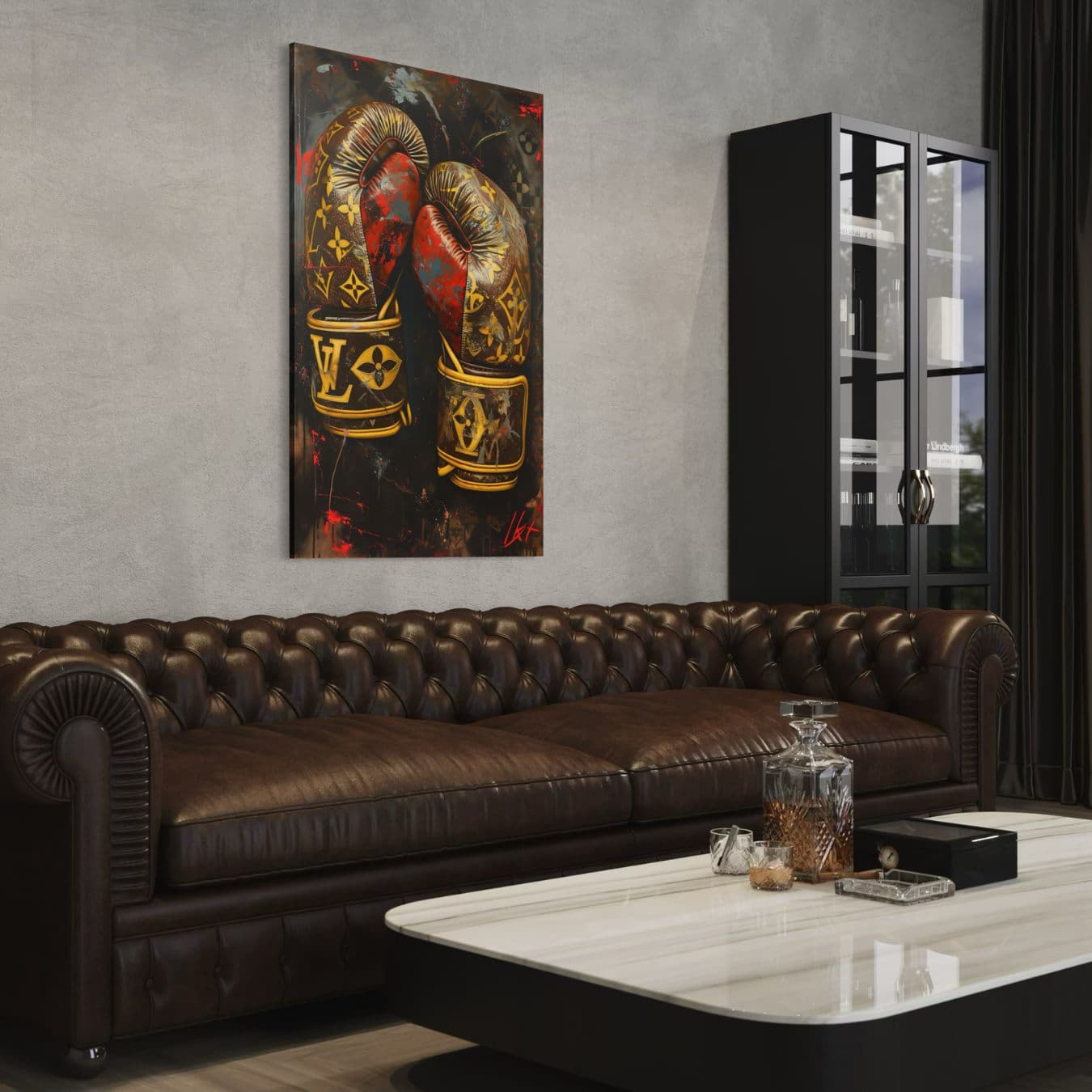 Canvas schilderij van bokshandschoenen in industrieel interieur met leer.