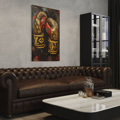 Canvas schilderij van bokshandschoenen in industrieel interieur met leer.