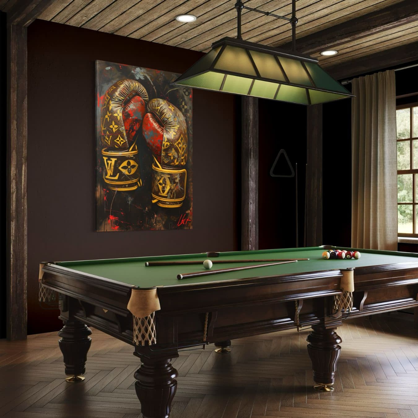 canvas schilderij met bokshandschoenen in stijlvolle gamekamer omgeving.