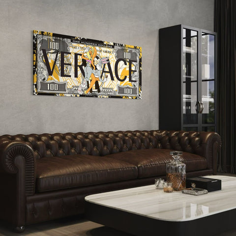 Canvas schilderij met cartoon stijl boven klassieke bruine leren bank