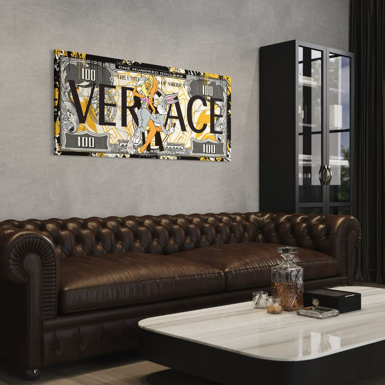 Canvas schilderij met cartoon stijl boven klassieke bruine leren bank