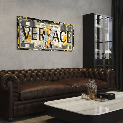 Canvas schilderij met cartoon stijl boven klassieke bruine leren bank