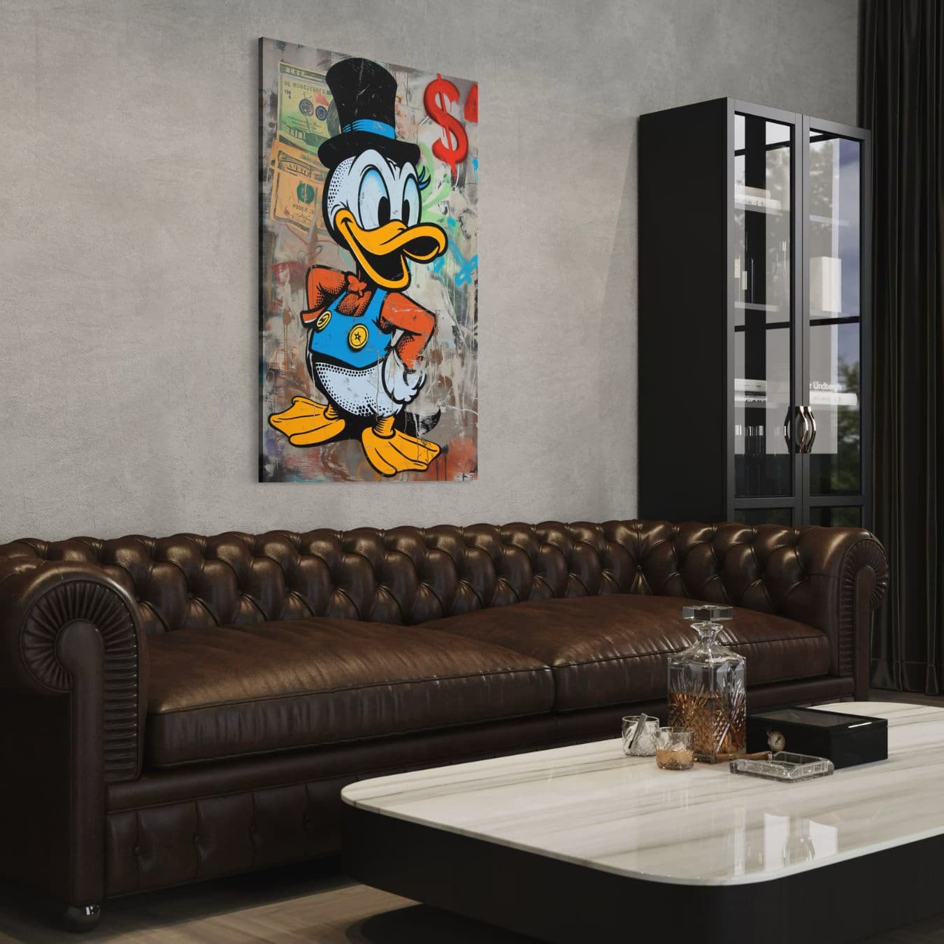 Canvas schilderij graffiti eend boven bruine leren bank geplaatst.