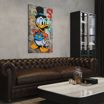 Canvas schilderij graffiti eend boven bruine leren bank geplaatst.